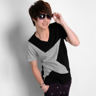 古由卡2012夏装韩版非主流男装拼色修身V领男士短袖T恤 爆款新款